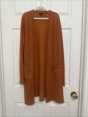 lilt Open-Front Waffle Knit Cardigan in Rust Orange